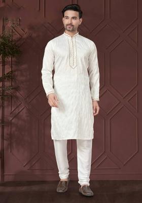 White Embroidered Pure Silk Kurta Set For Men