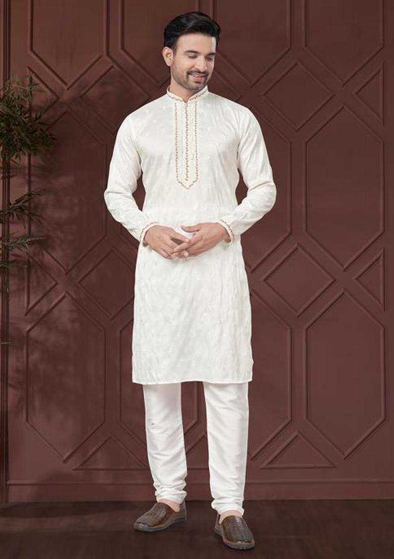White Embroidered Pure Silk Kurta Set For Men