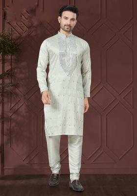 Light Green Embroidered Pure Silk Kurta Set For Men