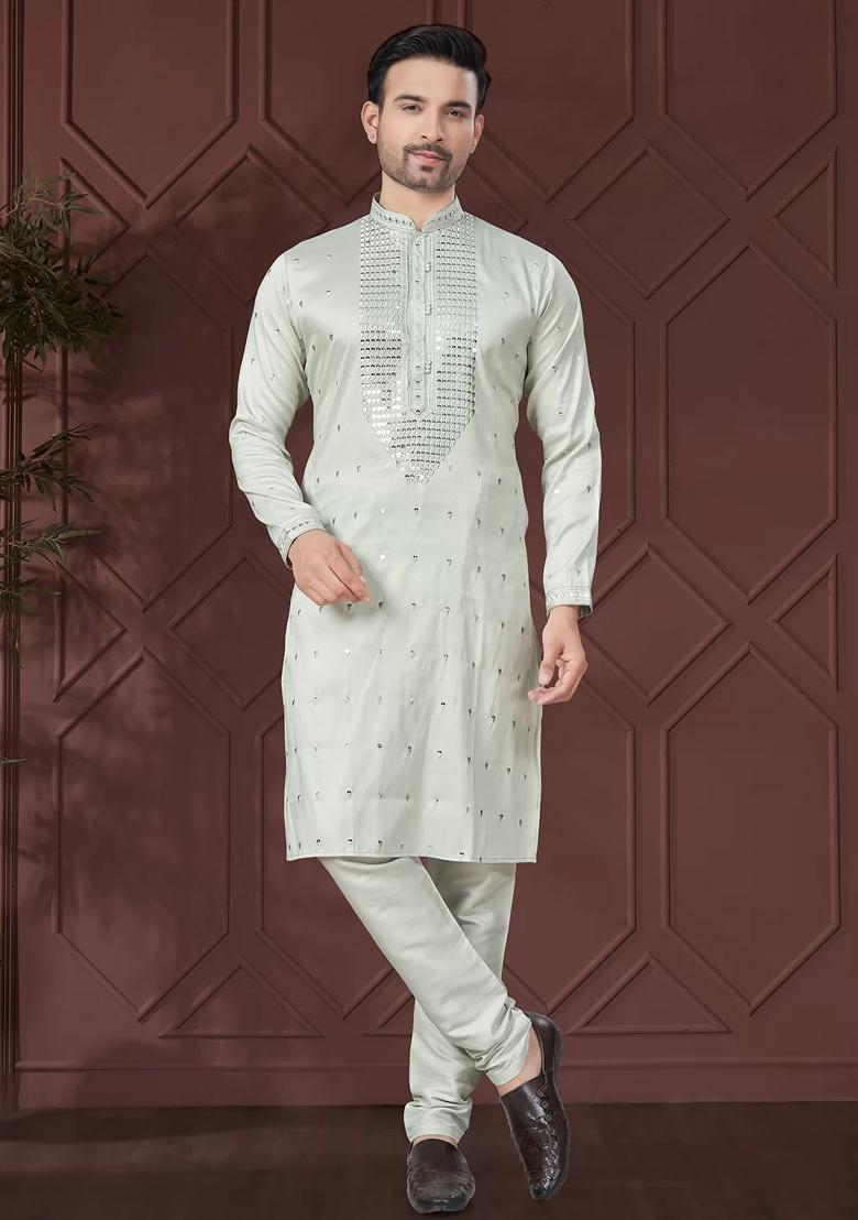 Light Green Embroidered Pure Silk Kurta Set For Men