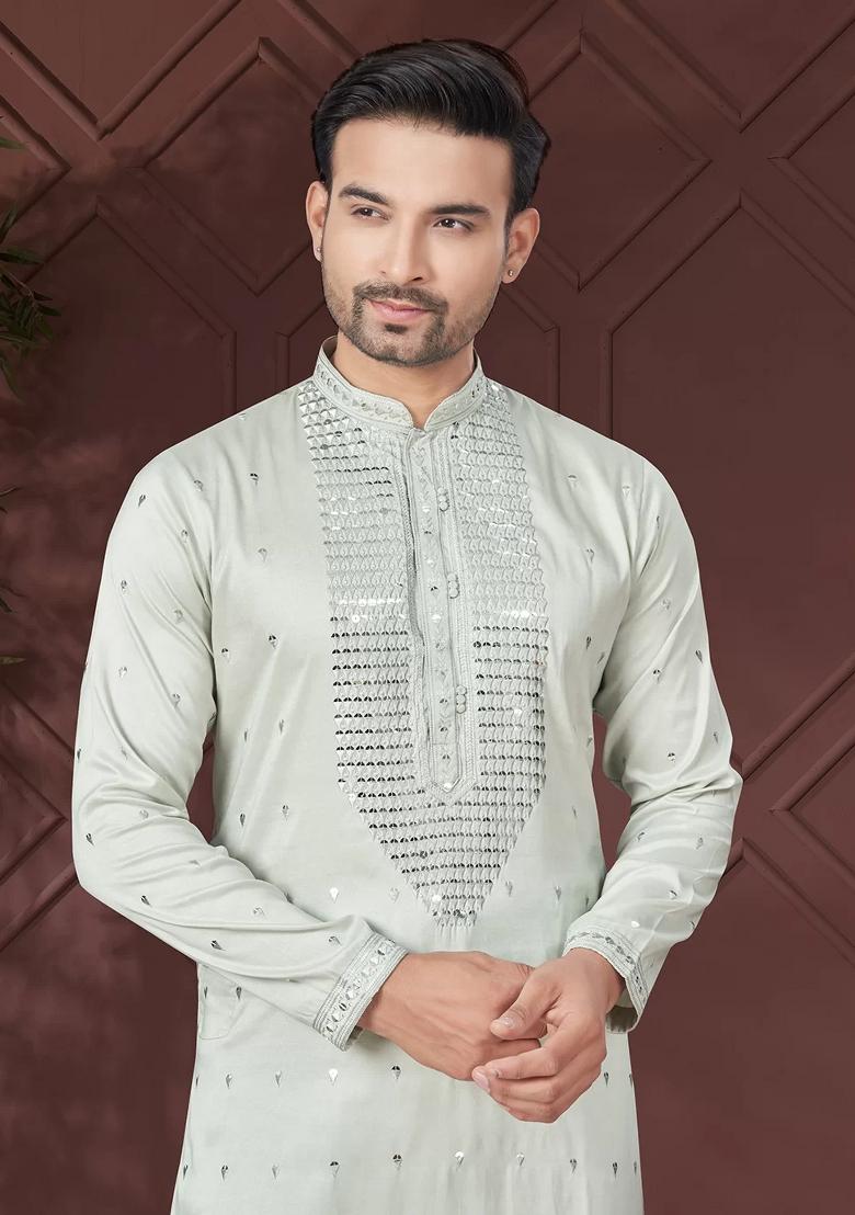 Light Green Embroidered Pure Silk Kurta Set For Men