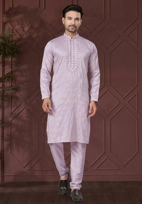 Lavender Embroidered Pure Silk Kurta Set For Men