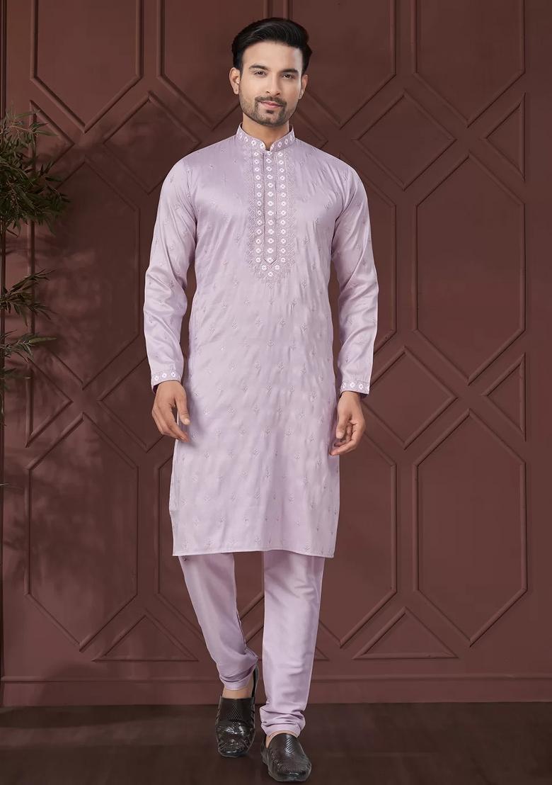 Lavender Embroidered Pure Silk Kurta Set For Men