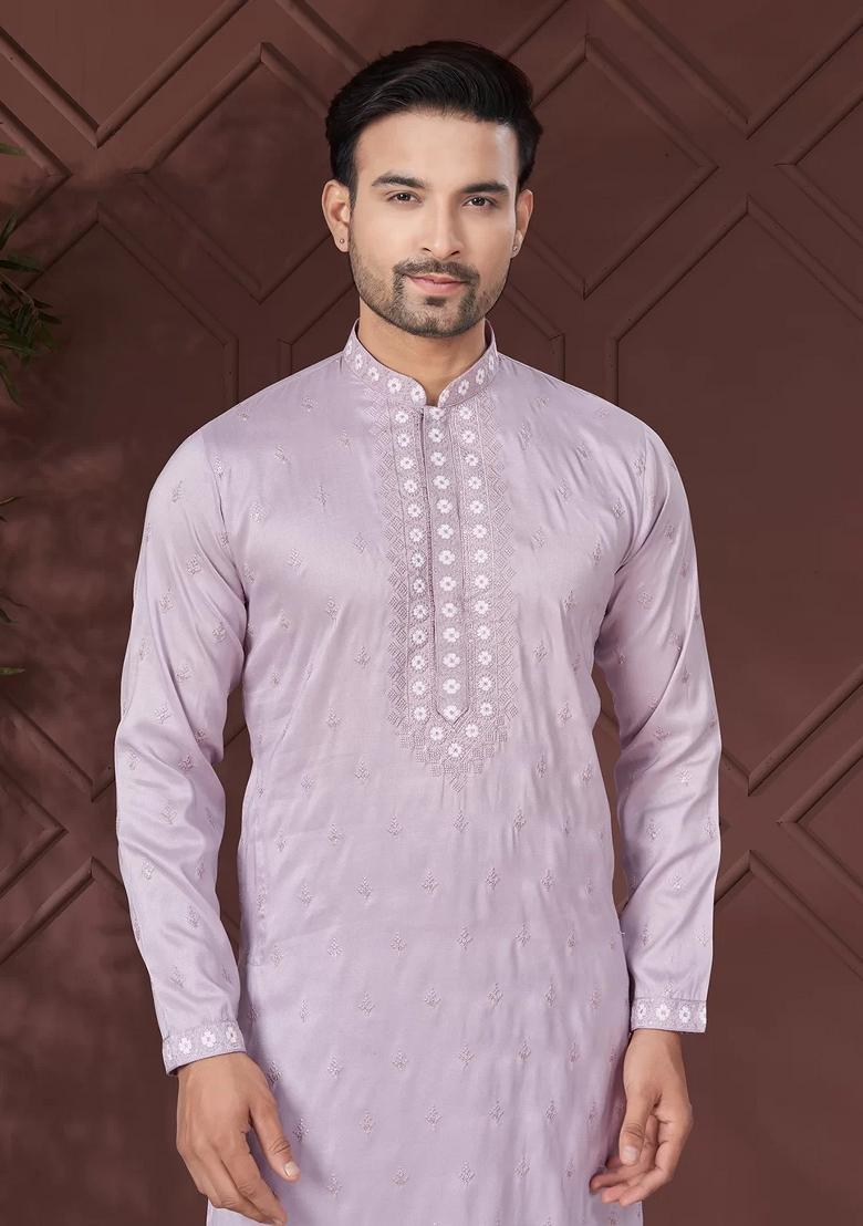 Lavender Embroidered Pure Silk Kurta Set For Men
