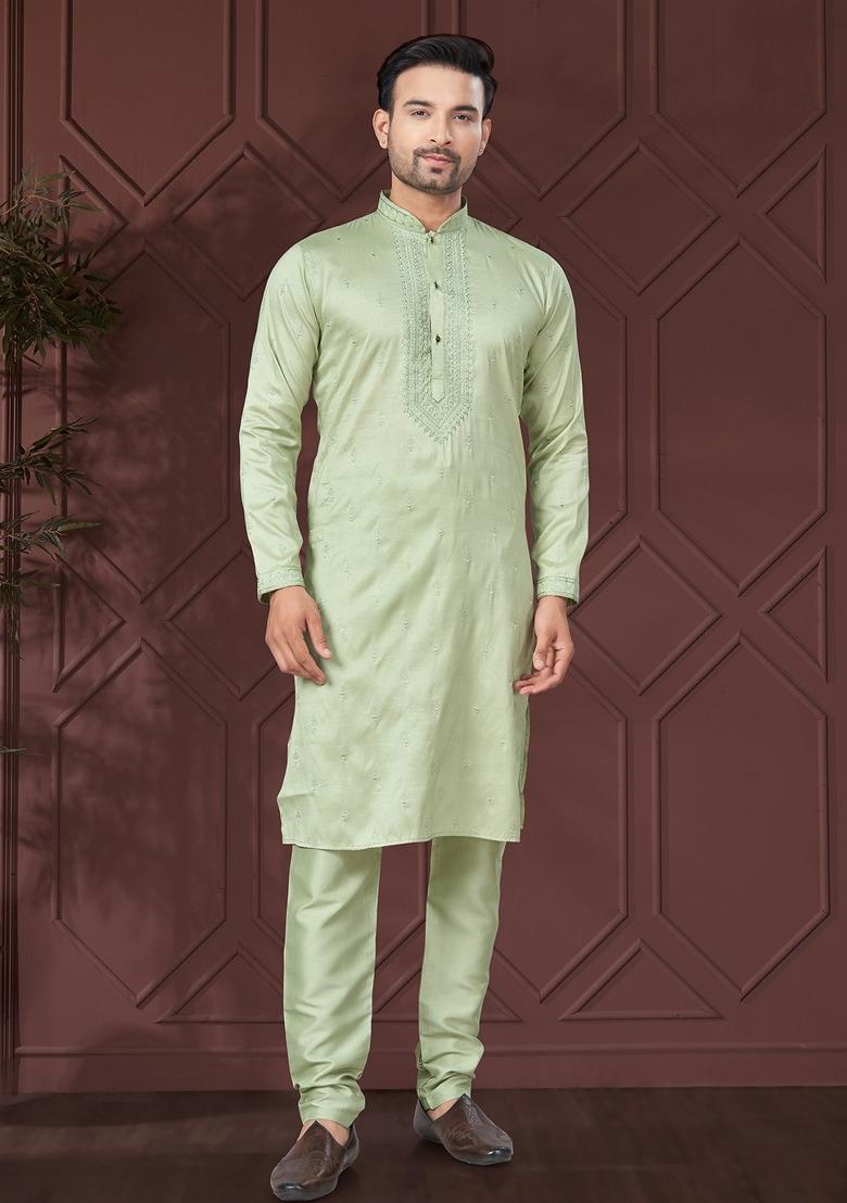 Pista Green Embroidered Pure Silk Kurta Set For Men