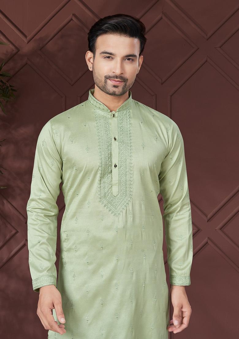 Pista Green Embroidered Pure Silk Kurta Set For Men