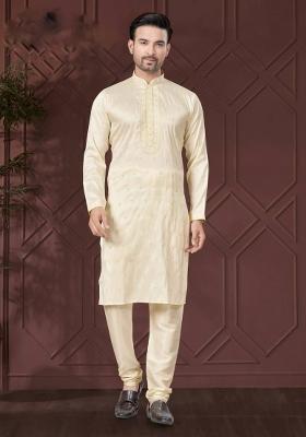 Light Yellow Embroidered Pure Silk Kurta Set For Men