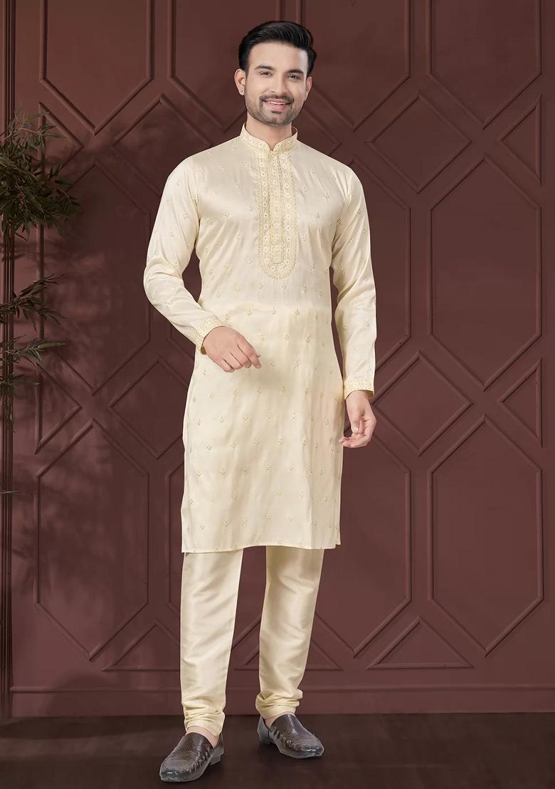 Light Yellow Embroidered Pure Silk Kurta Set For Men