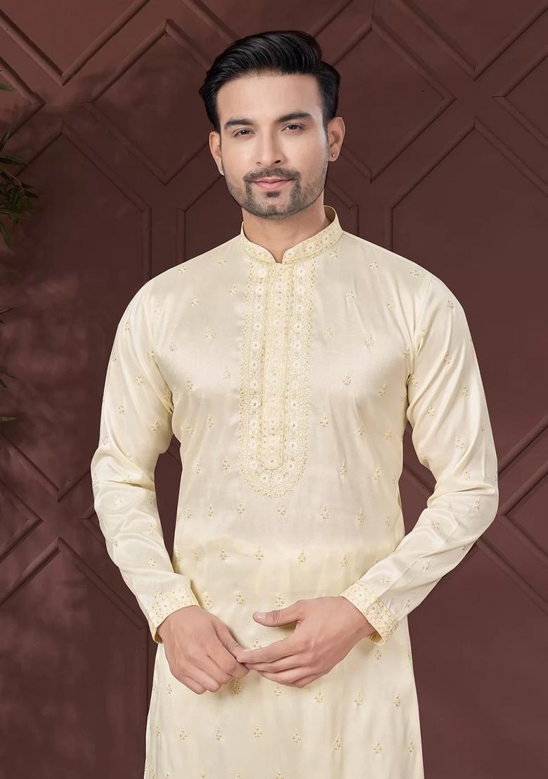 Light Yellow Embroidered Pure Silk Kurta Set For Men