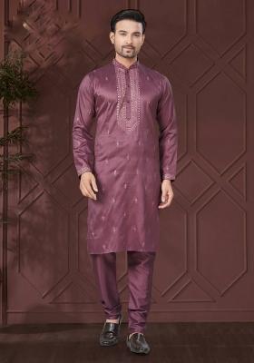 Purple Embroidered Pure Silk Kurta Set For Men