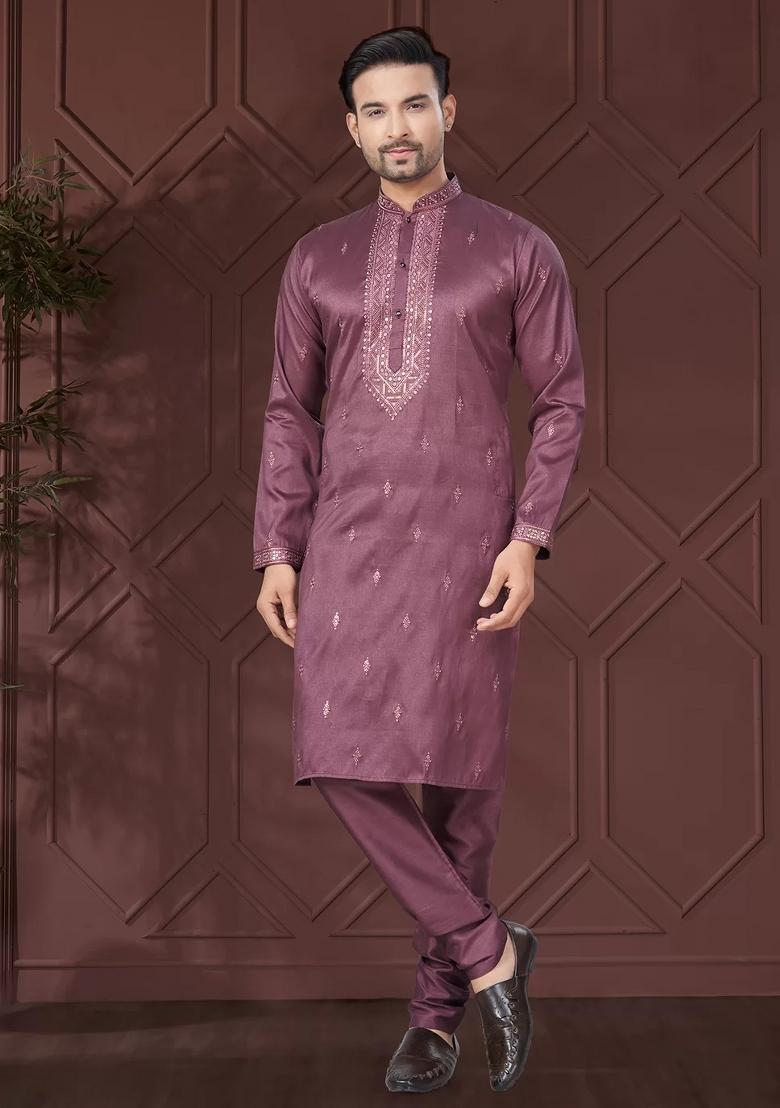 Purple Embroidered Pure Silk Kurta Set For Men