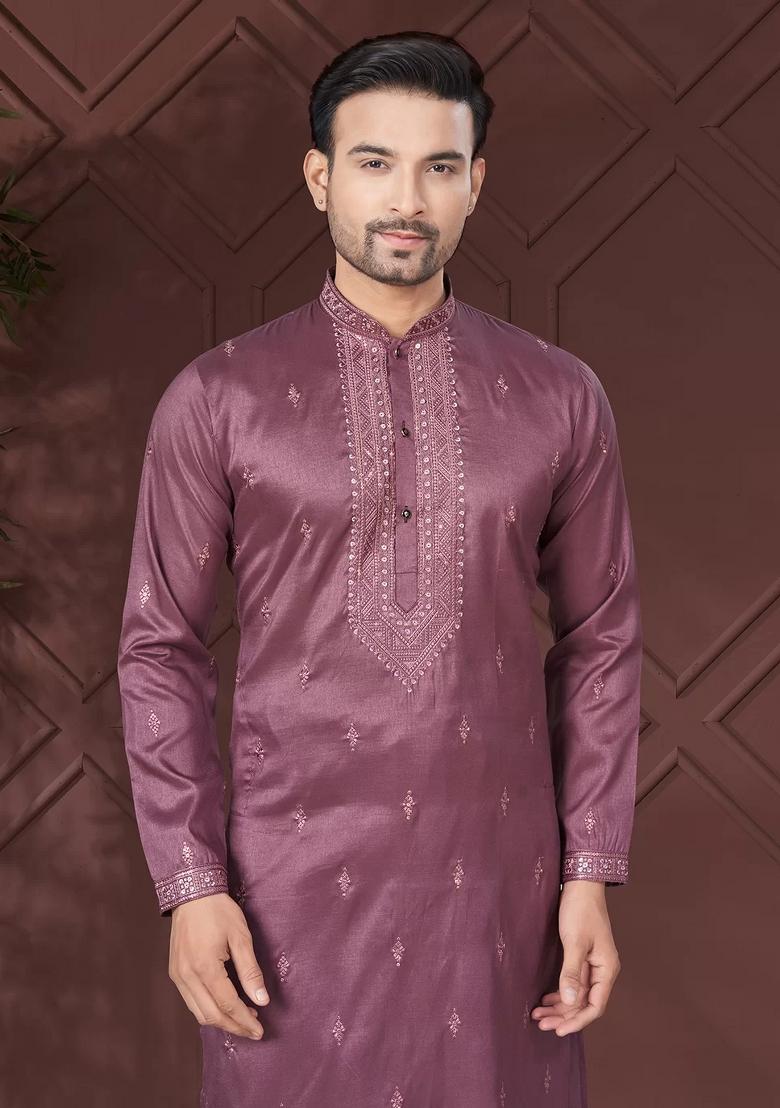 Purple Embroidered Pure Silk Kurta Set For Men