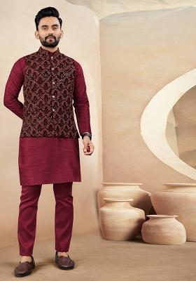 Maroon Embroidered Silk Nehru Jacket Set For Men