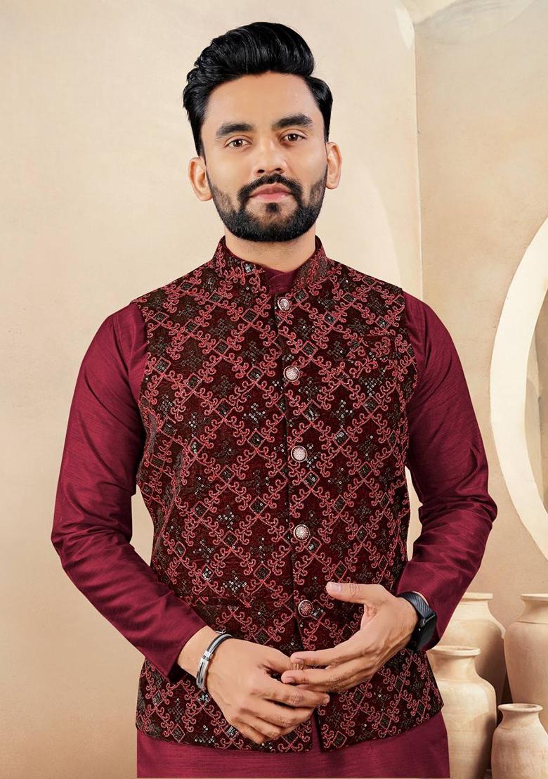 Maroon Embroidered Silk Nehru Jacket Set For Men
