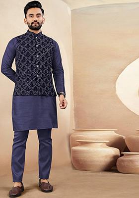 Navy Blue Embroidered Silk Nehru Jacket Set For Men