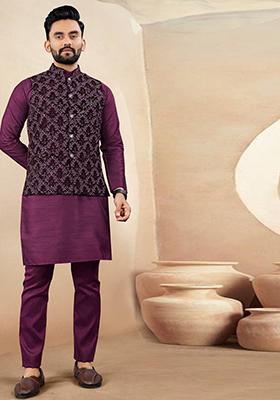Purple Embroidered Silk Nehru Jacket Set For Men