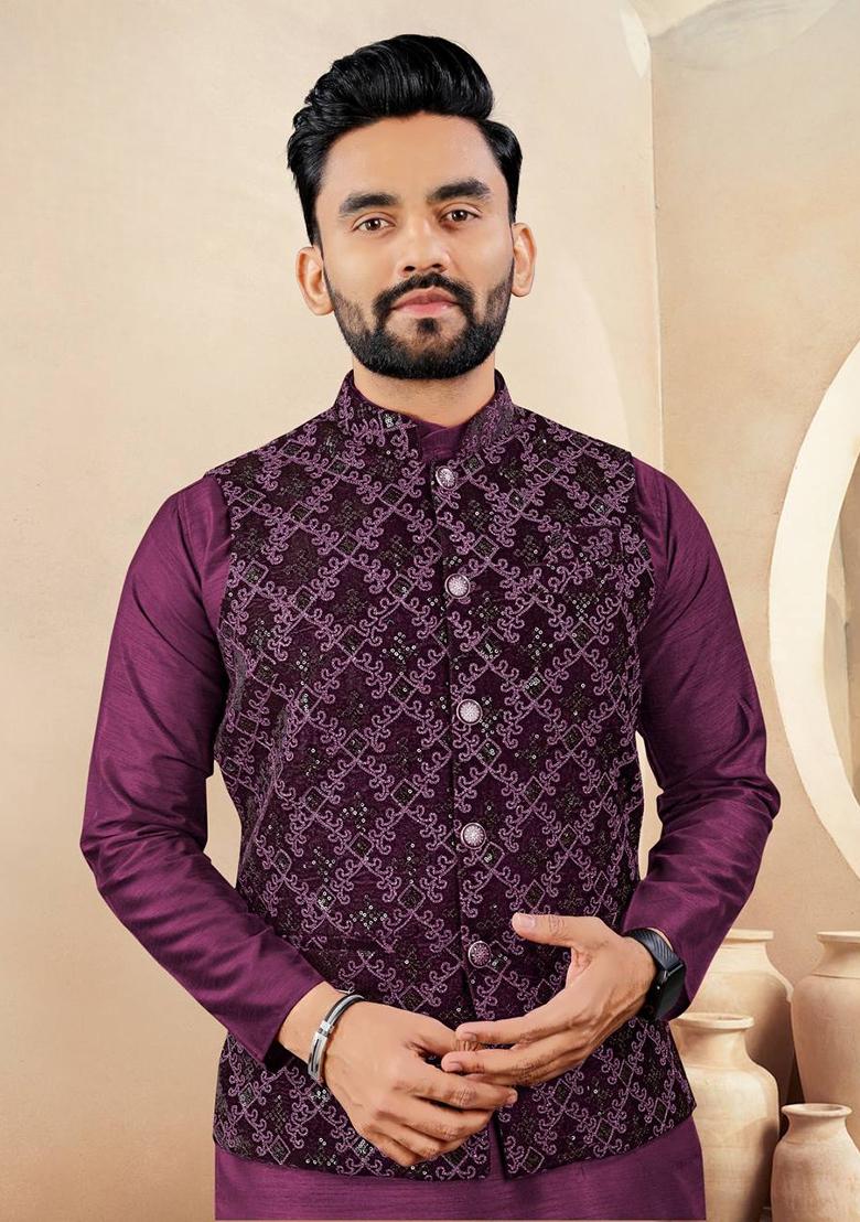 Purple Embroidered Silk Nehru Jacket Set For Men