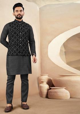 Black Embroidered Silk Nehru Jacket Set For Men