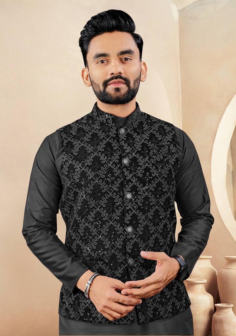 Black Embroidered Silk Nehru Jacket Set For Men