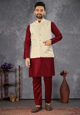 Maroon Self Design Silk Nehru Jacket Set For Men