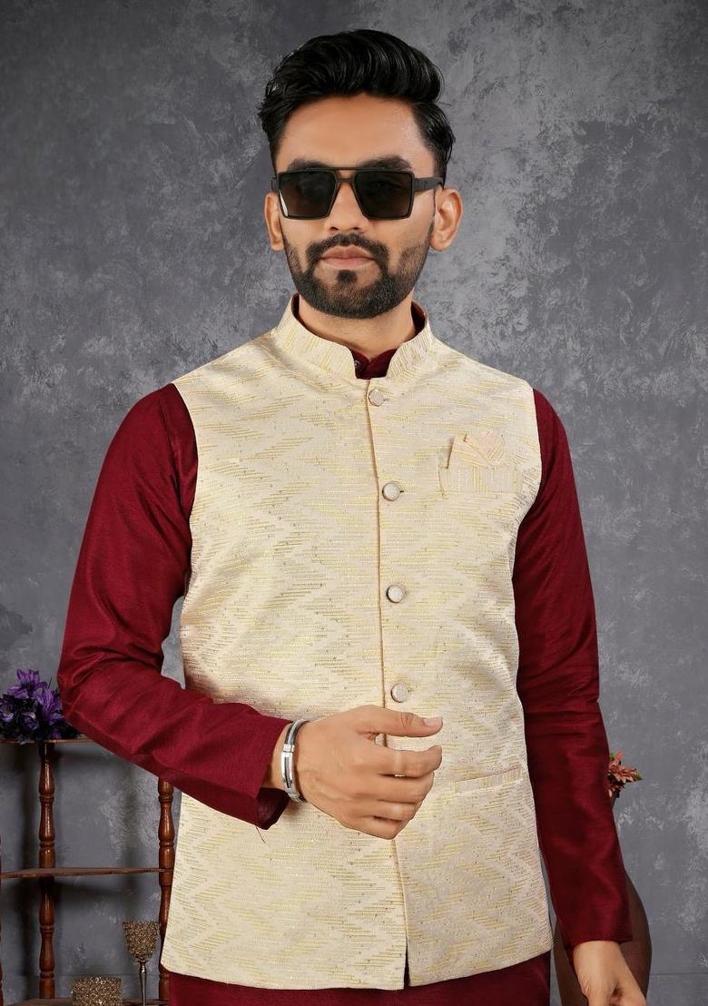 Maroon Self Design Silk Nehru Jacket Set For Men