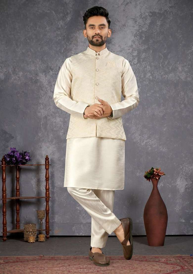 White Self Design Silk Nehru Jacket Set For Men - Indya