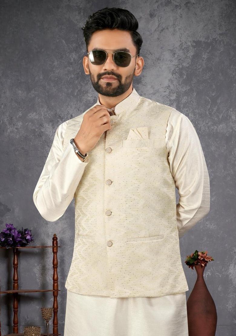 White Self Design Silk Nehru Jacket Set For Men