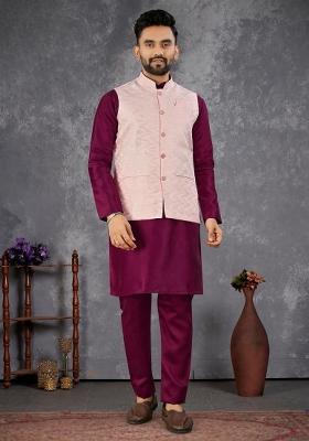 Purple Self Design Silk Nehru Jacket Set For Men