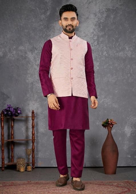 Purple Self Design Silk Nehru Jacket Set For Men