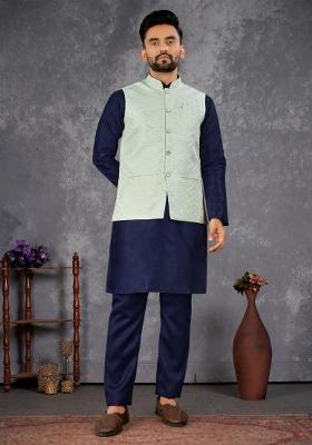 Navy Blue Self Design Silk Nehru Jacket Set For Men