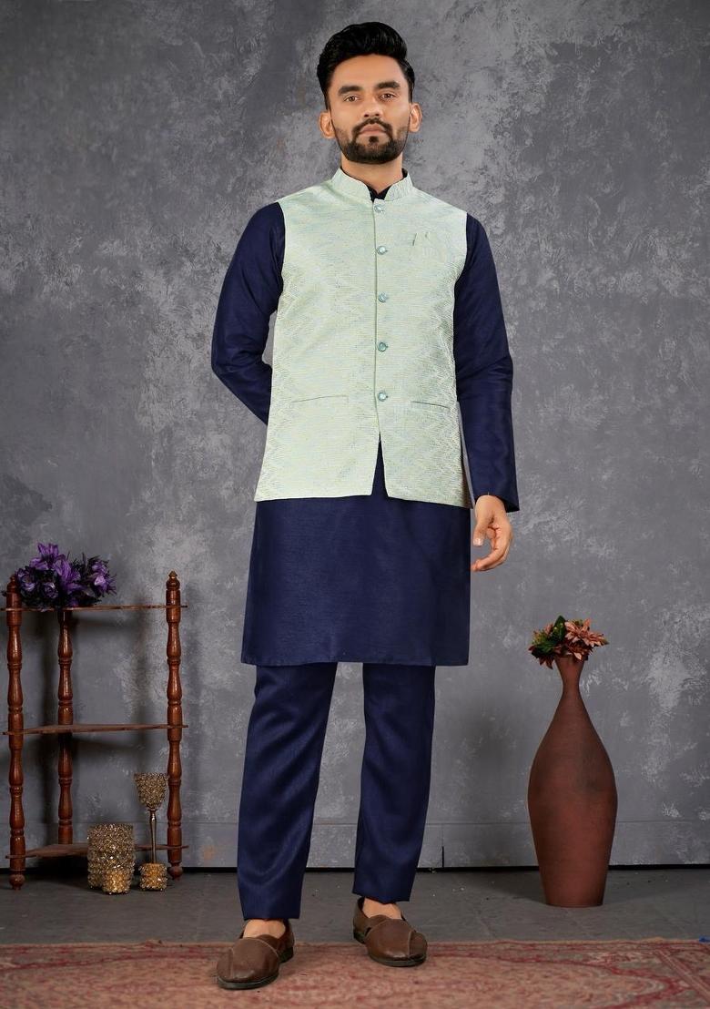 Navy Blue Self Design Silk Nehru Jacket Set For Men