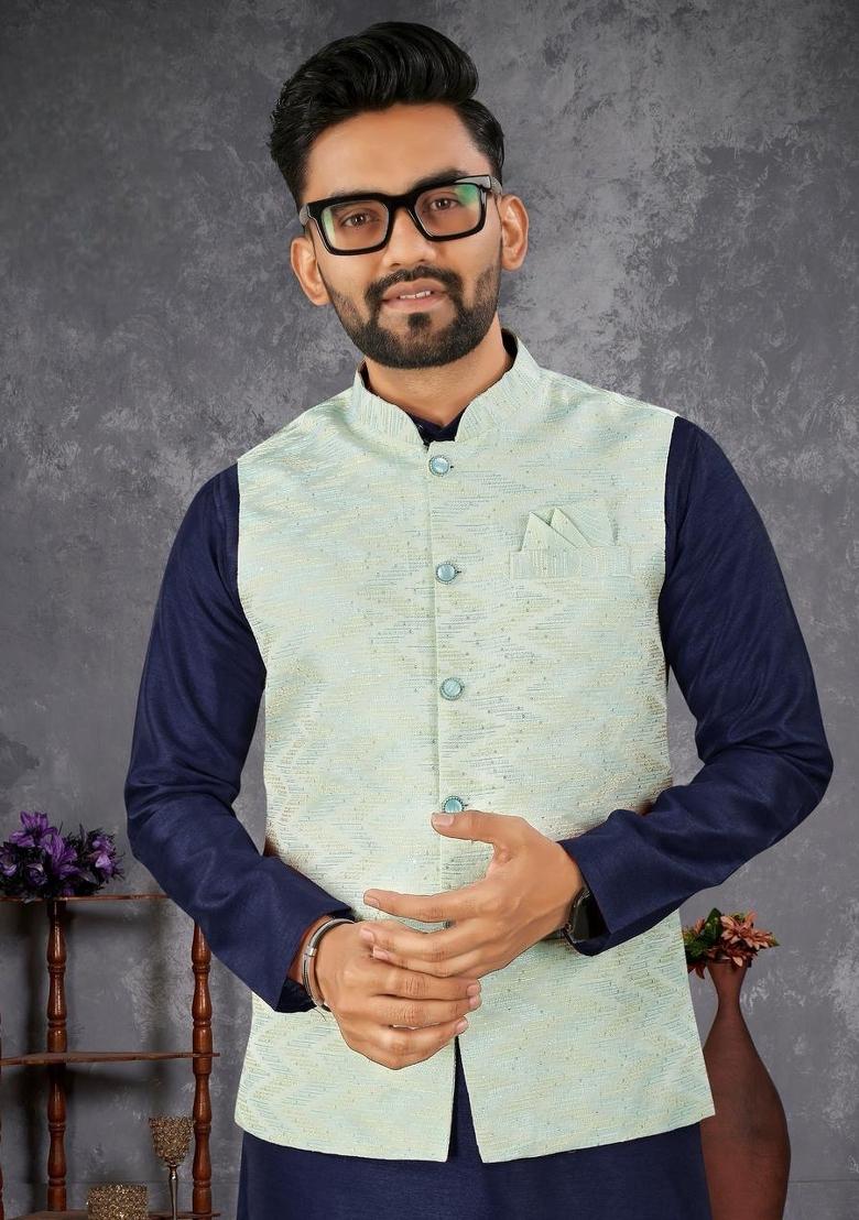 Navy Blue Self Design Silk Nehru Jacket Set For Men