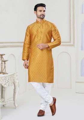 Mustard Yellow Printed Jacquard Kurta Set For Men