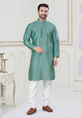 Sea Green Printed Jacquard Kurta Set For Men