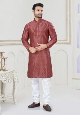 Magenta Printed Jacquard Kurta Set For Men