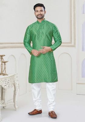 Green Printed Jacquard Kurta Set For Men