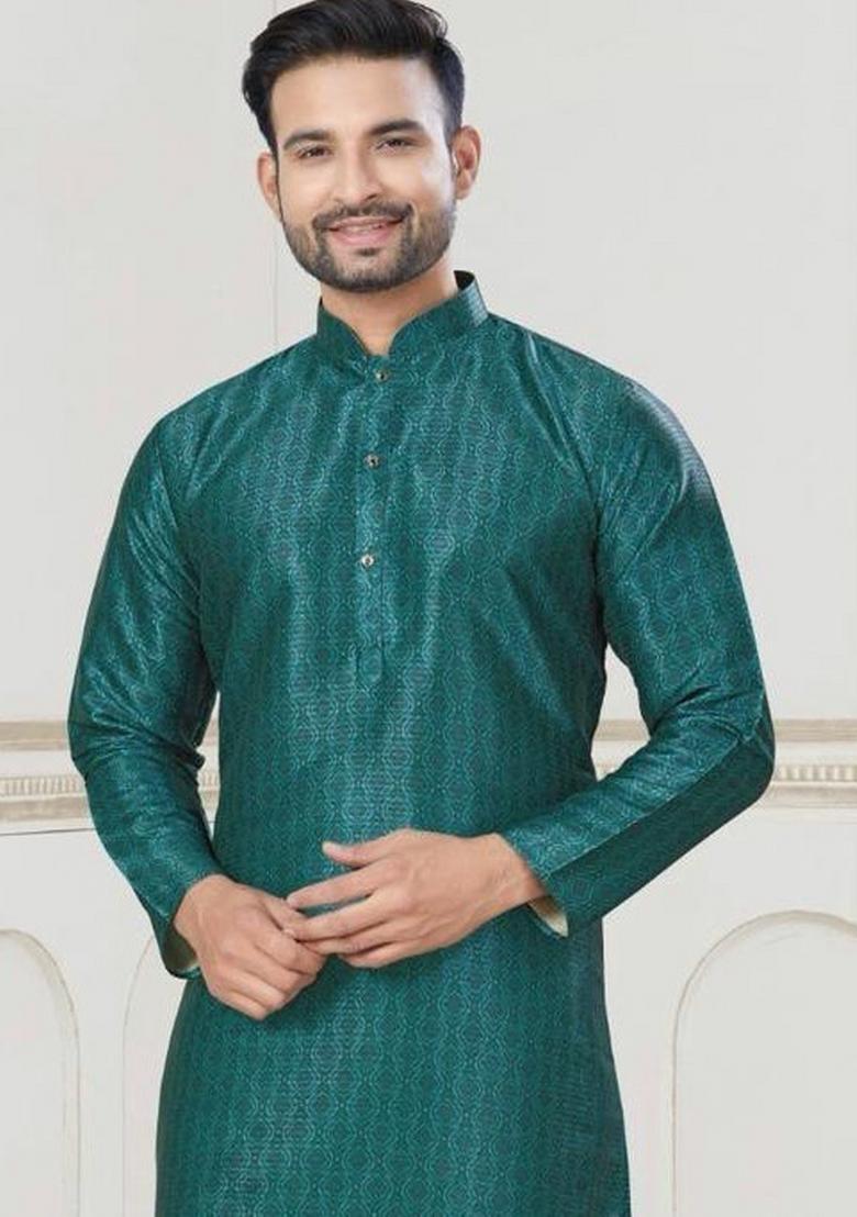 Teal Blue Printed Jacquard Kurta Set For Men