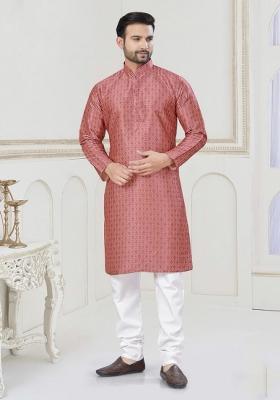 Peach Printed Jacquard Kurta Set For Men