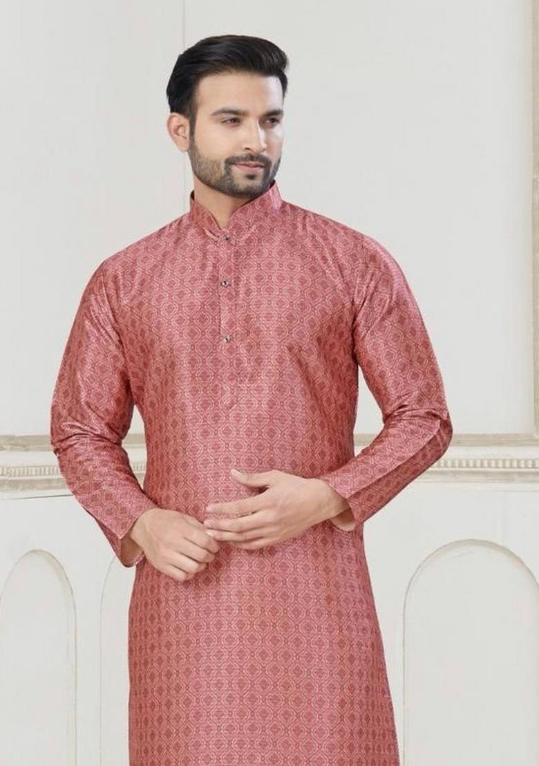 Peach Printed Jacquard Kurta Set For Men