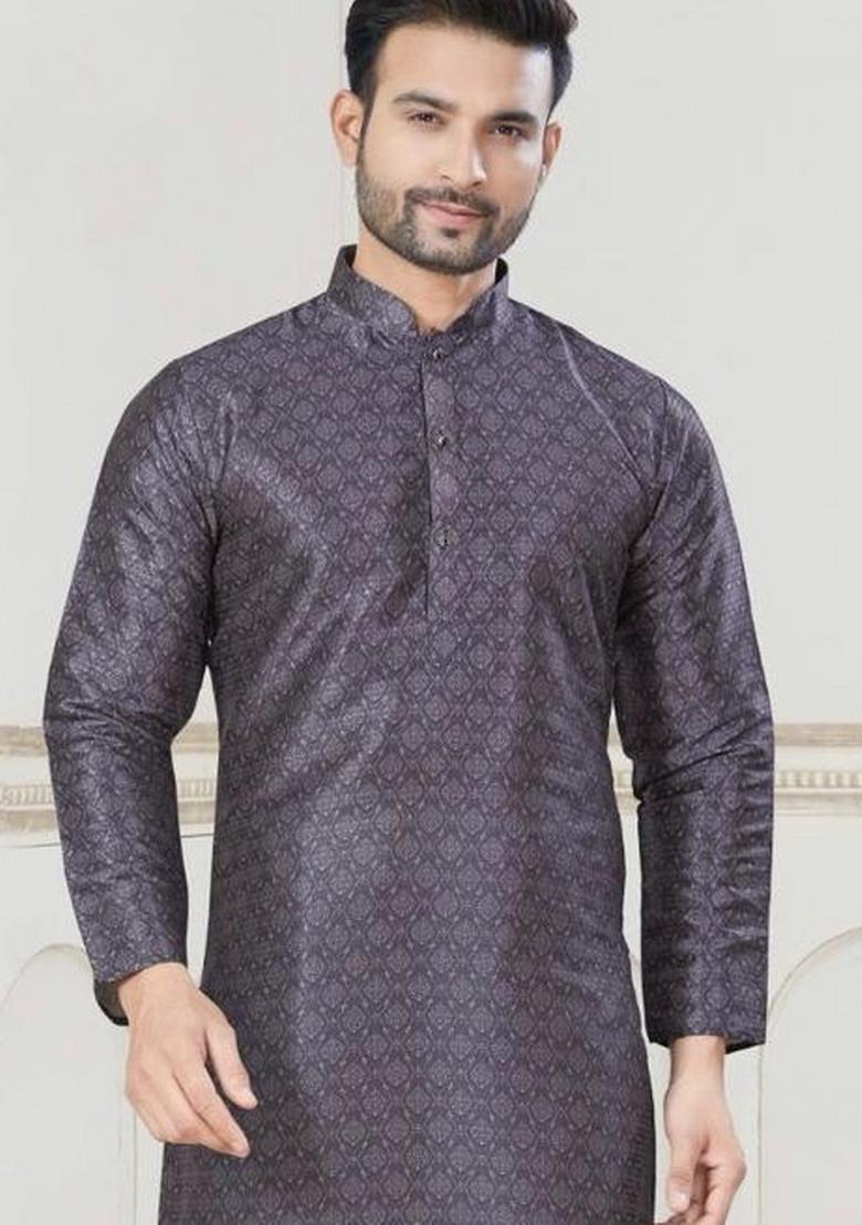 Black Printed Jacquard Kurta Set For Men