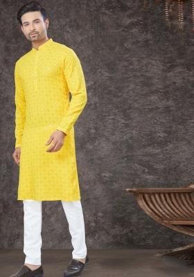 Yellow Embroidered Rayon Kurta Set For Men