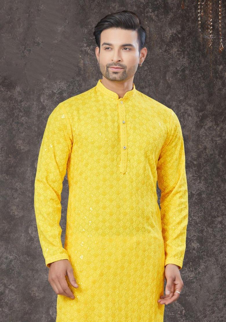 Yellow Embroidered Rayon Kurta Set For Men