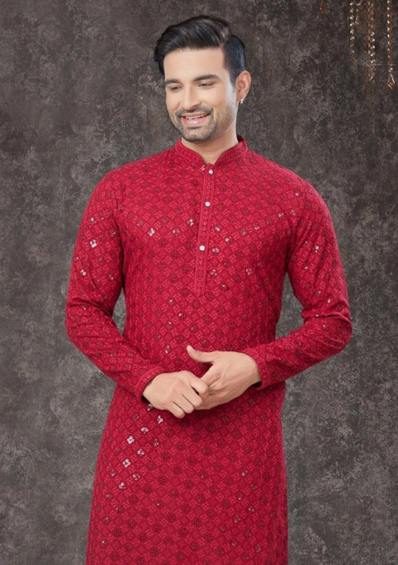 Red Embroidered Rayon Kurta Set For Men