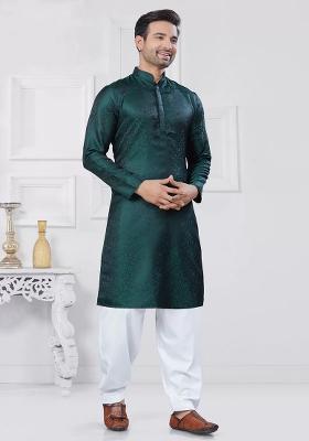 Green Embroidered Jacquard Kurta Set For Men