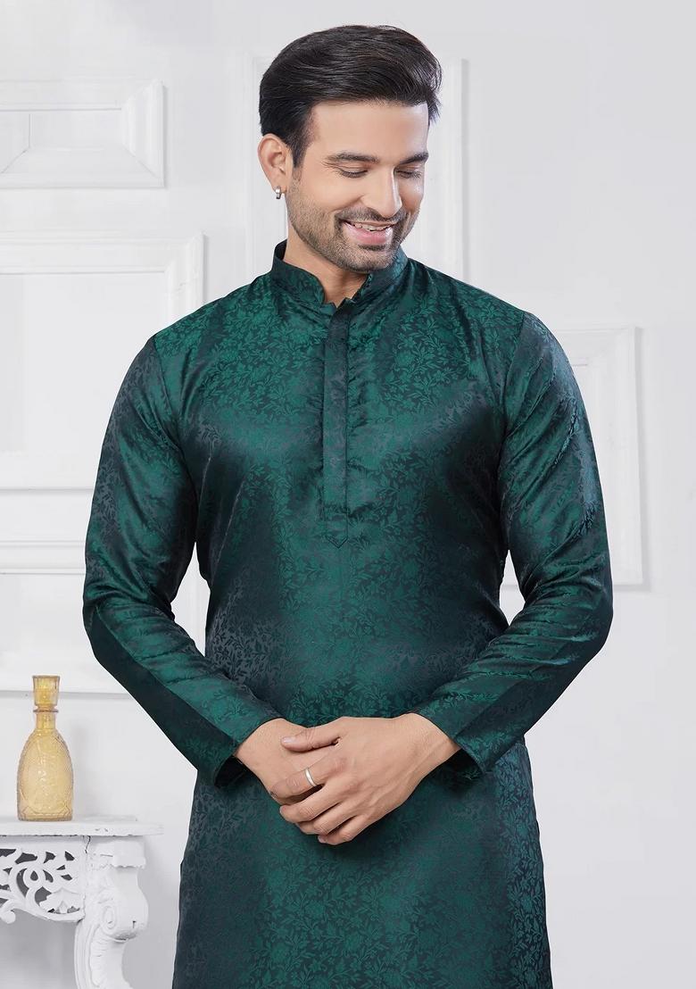 Green Embroidered Jacquard Kurta Set For Men