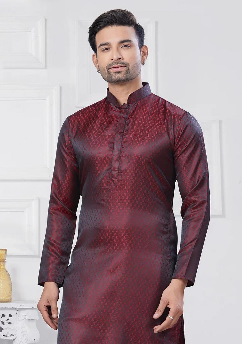 Maroon Embroidered Jacquard Kurta Set For Men