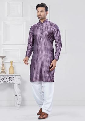 Lavender Embroidered Jacquard Kurta Set For Men
