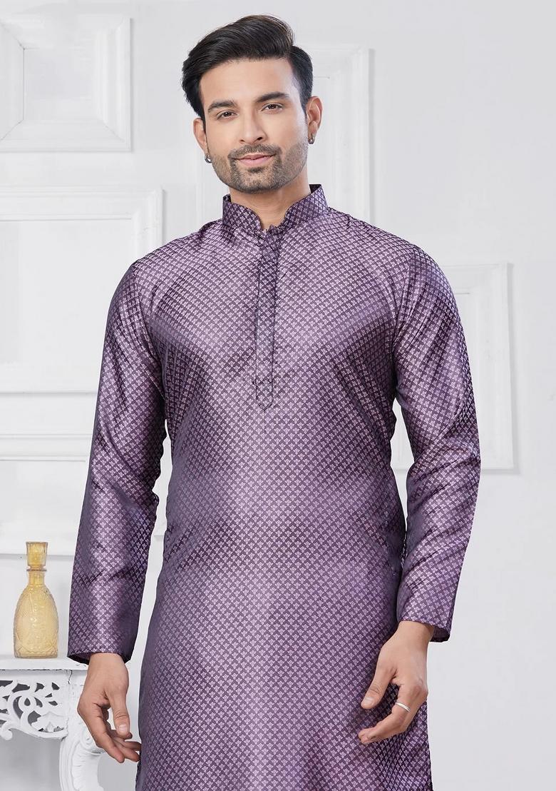 Lavender Embroidered Jacquard Kurta Set For Men