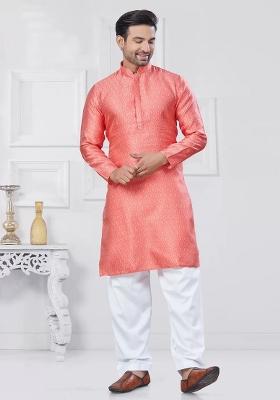 Orange Embroidered Jacquard Kurta Set For Men