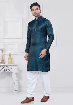 Teal Blue Embroidered Jacquard Kurta Set For Men